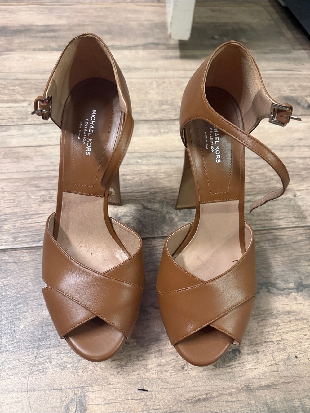 Michael Kors Cognac Leather Cross-Strap Block Heel Sandals